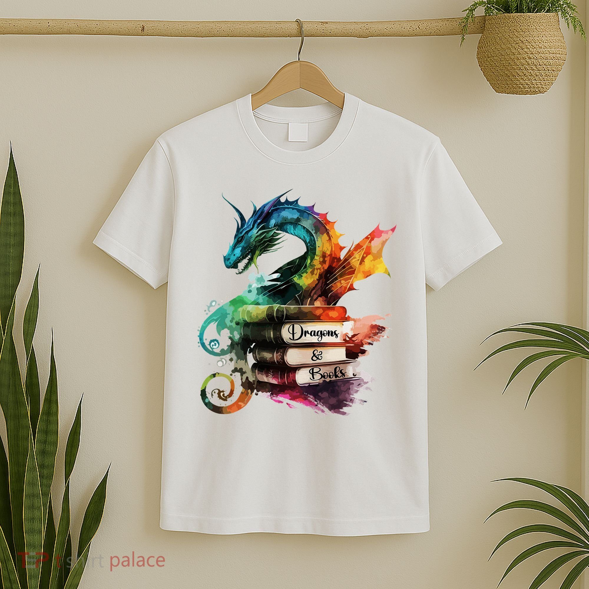 Dragons And Books Watercolor Fantasy Dragon Lover Theme T-Shirt