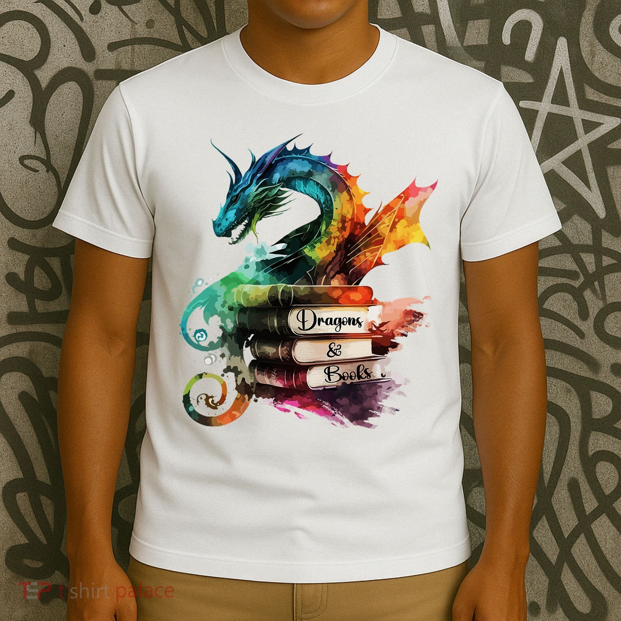 Dragons And Books Watercolor Fantasy Dragon Lover Theme T-Shirt
