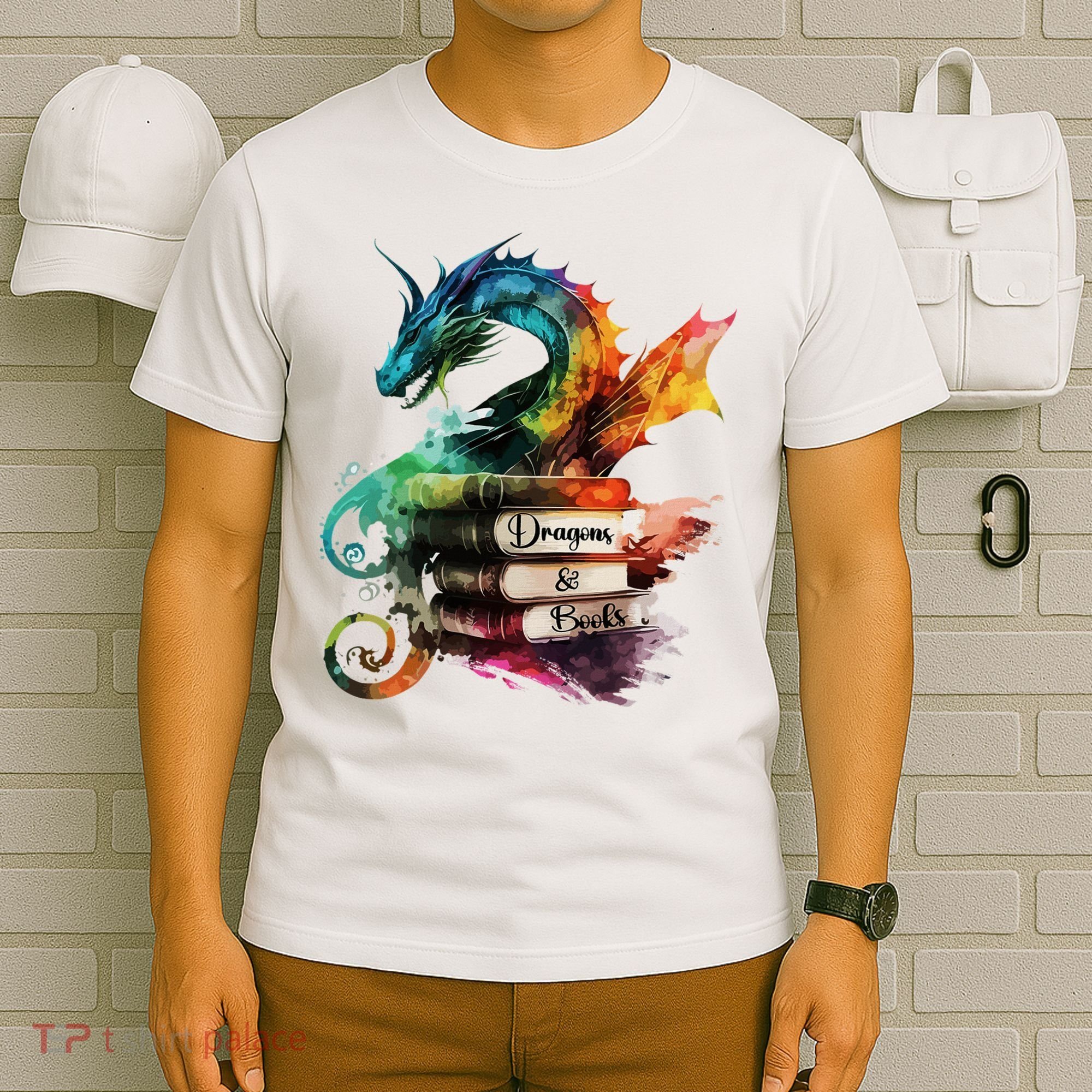 Dragons And Books Watercolor Fantasy Dragon Lover Theme T-Shirt