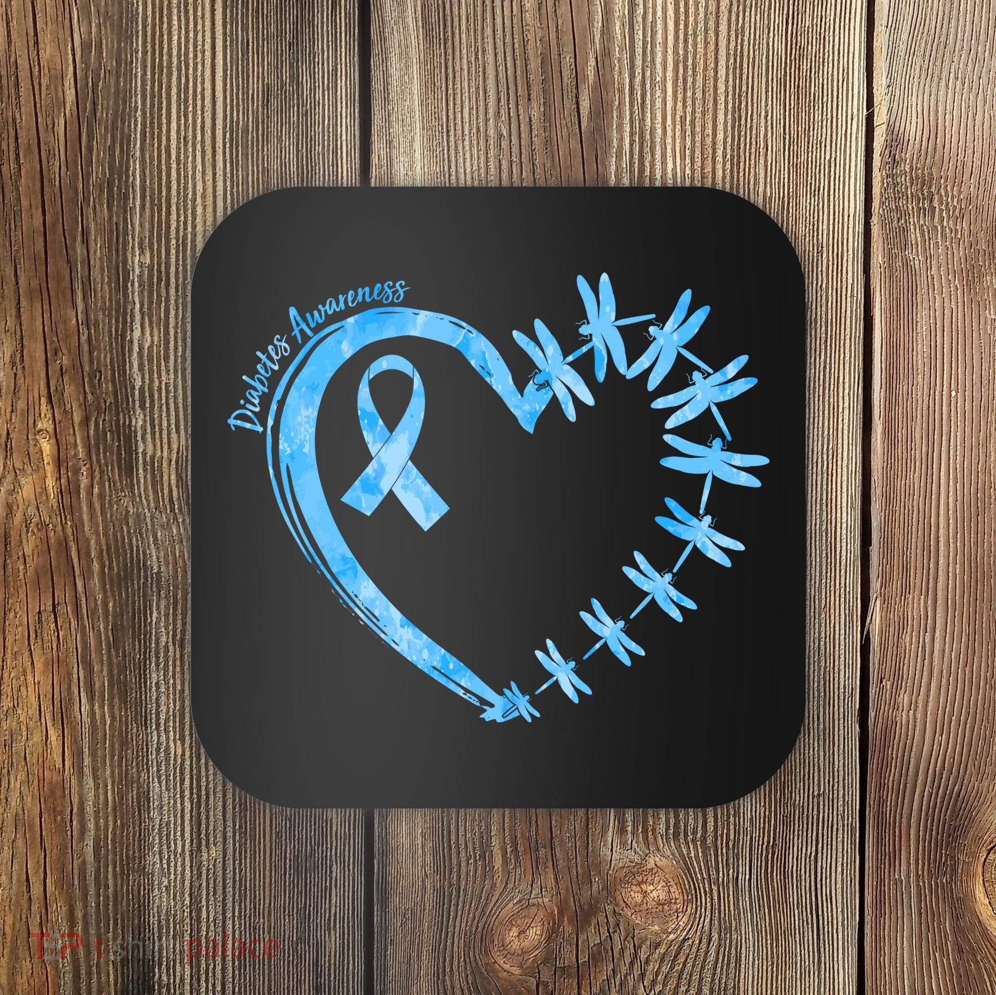 Diabetes Awareness Blue Dragonfly Ribbon Heart Coaster