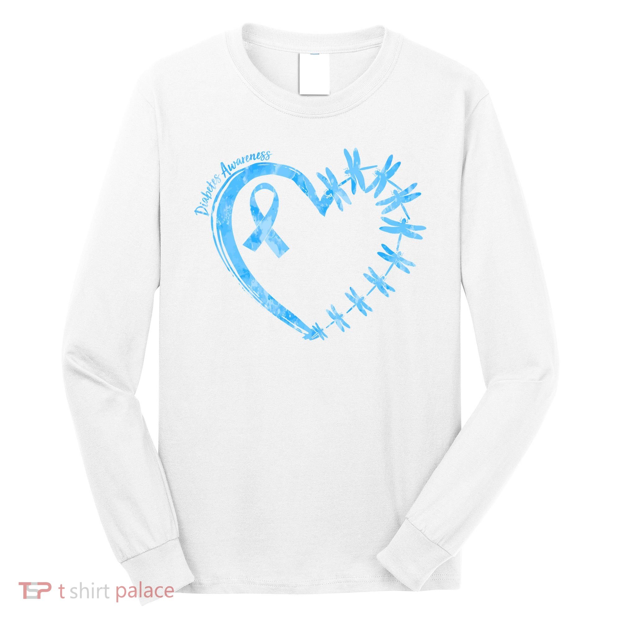Diabetes Awareness Blue Dragonfly Ribbon Heart Long Sleeve Shirt