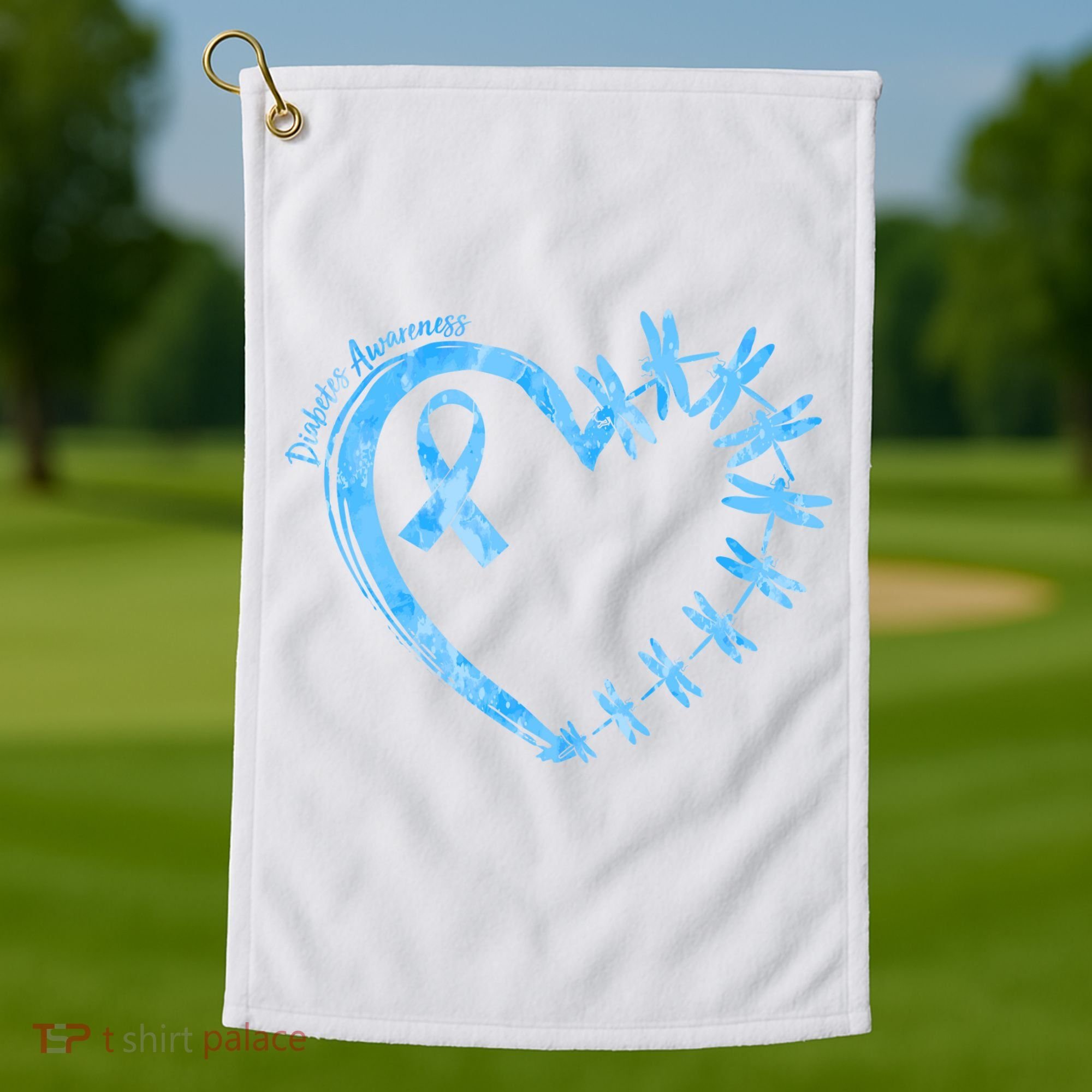 Diabetes Awareness Blue Dragonfly Ribbon Heart Golf Towel