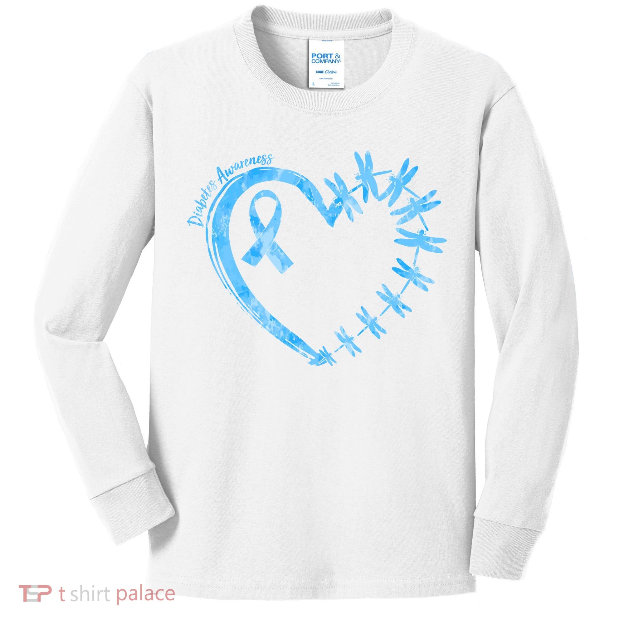 Diabetes Awareness Blue Dragonfly Ribbon Heart Kids Long Sleeve Shirt