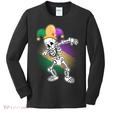 Dabbing Mardi Gras Skeleton Kids Long Sleeve Shirt