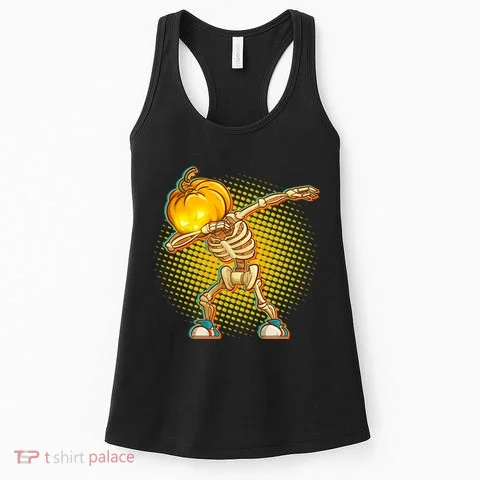 Dabbing Pumpkin Head Skeleton Women's Tank Top in the selected color