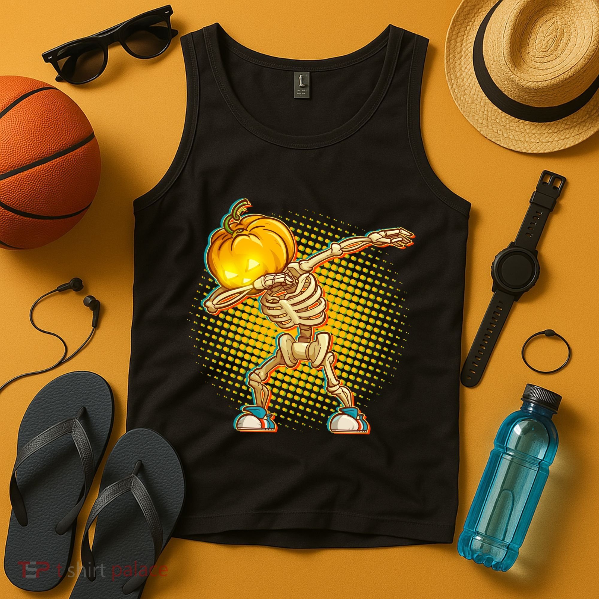Dabbing Pumpkin Head Skeleton Tank Top