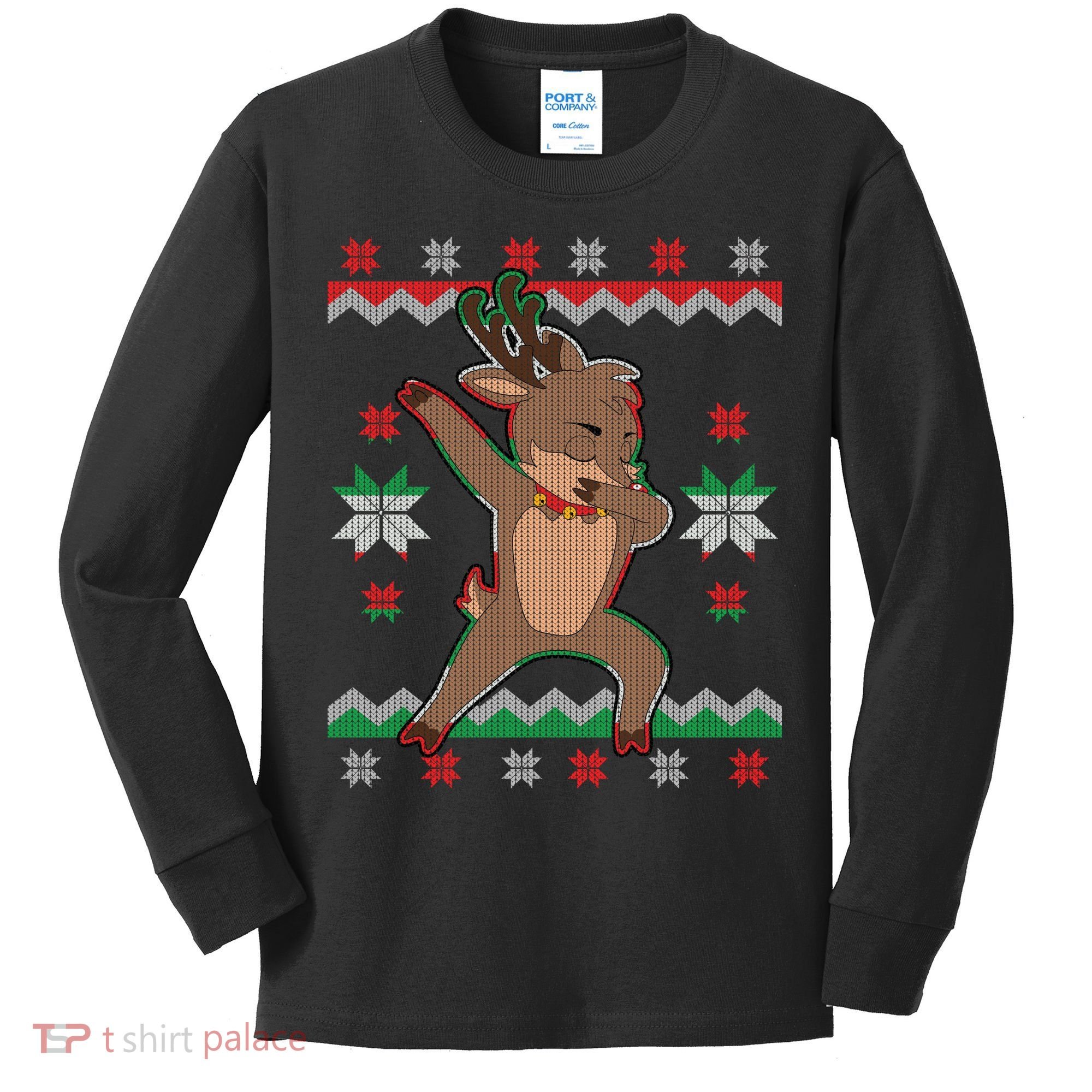 Dabbing Reindeer Ugly Christmas Kids Long Sleeve Shirt