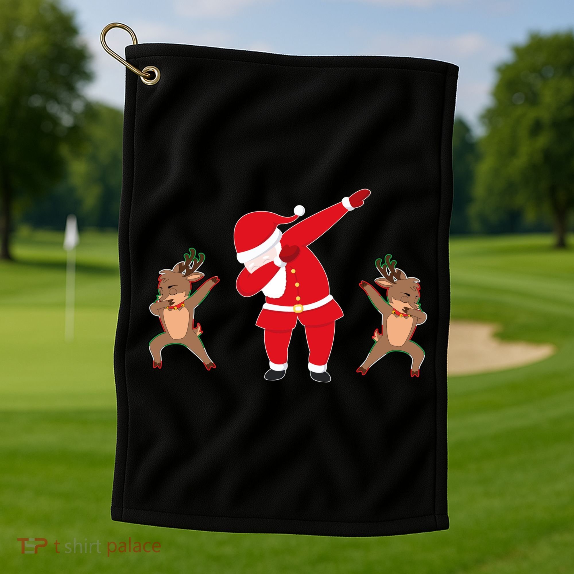 Dabbing Santa And Reindeer Funny Christmas Golf Towel