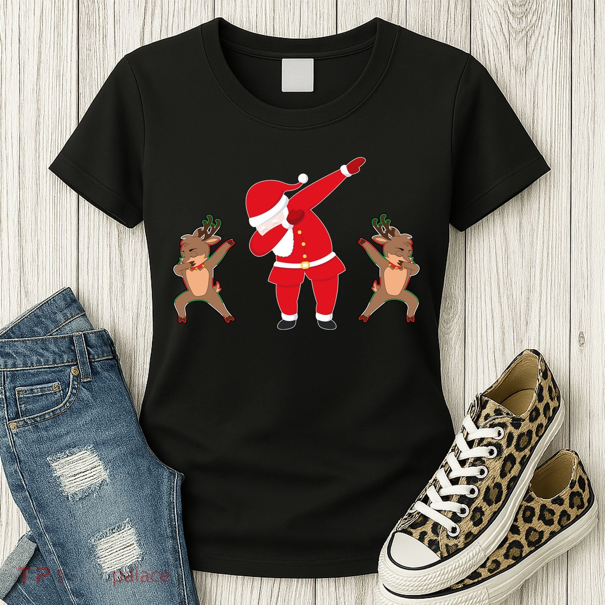 Dabbing Santa And Reindeer Funny Christmas Women's T-Shirt