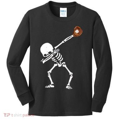 Dabbing Skeleton Baseball Glove Catch Dab Kids Long Sleeve Shirt