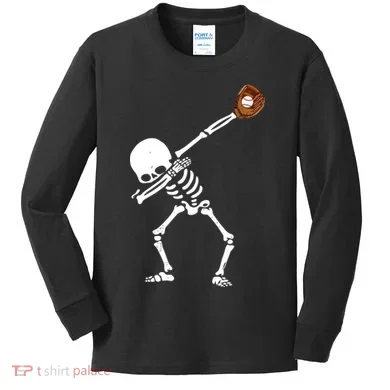Dabbing Skeleton Baseball Glove Catch Dab Kids Long Sleeve Shirt