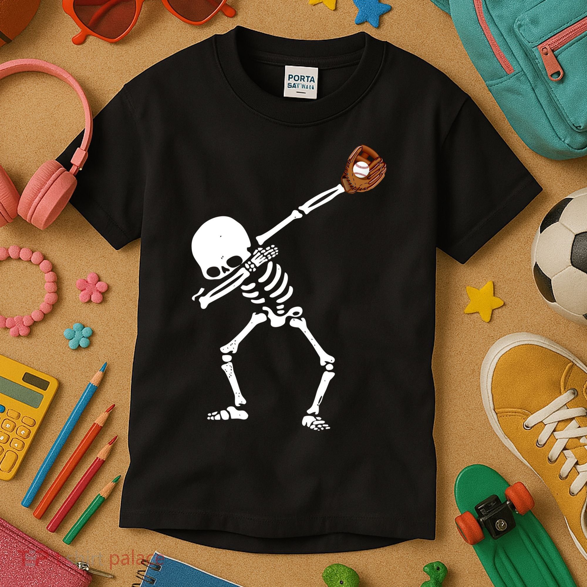 Dabbing Skeleton Baseball Glove Catch Dab Kids T-Shirt