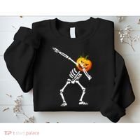 Dabbing Skeleton Pumpkin Face Halloween Sweatshirt thumb 2
