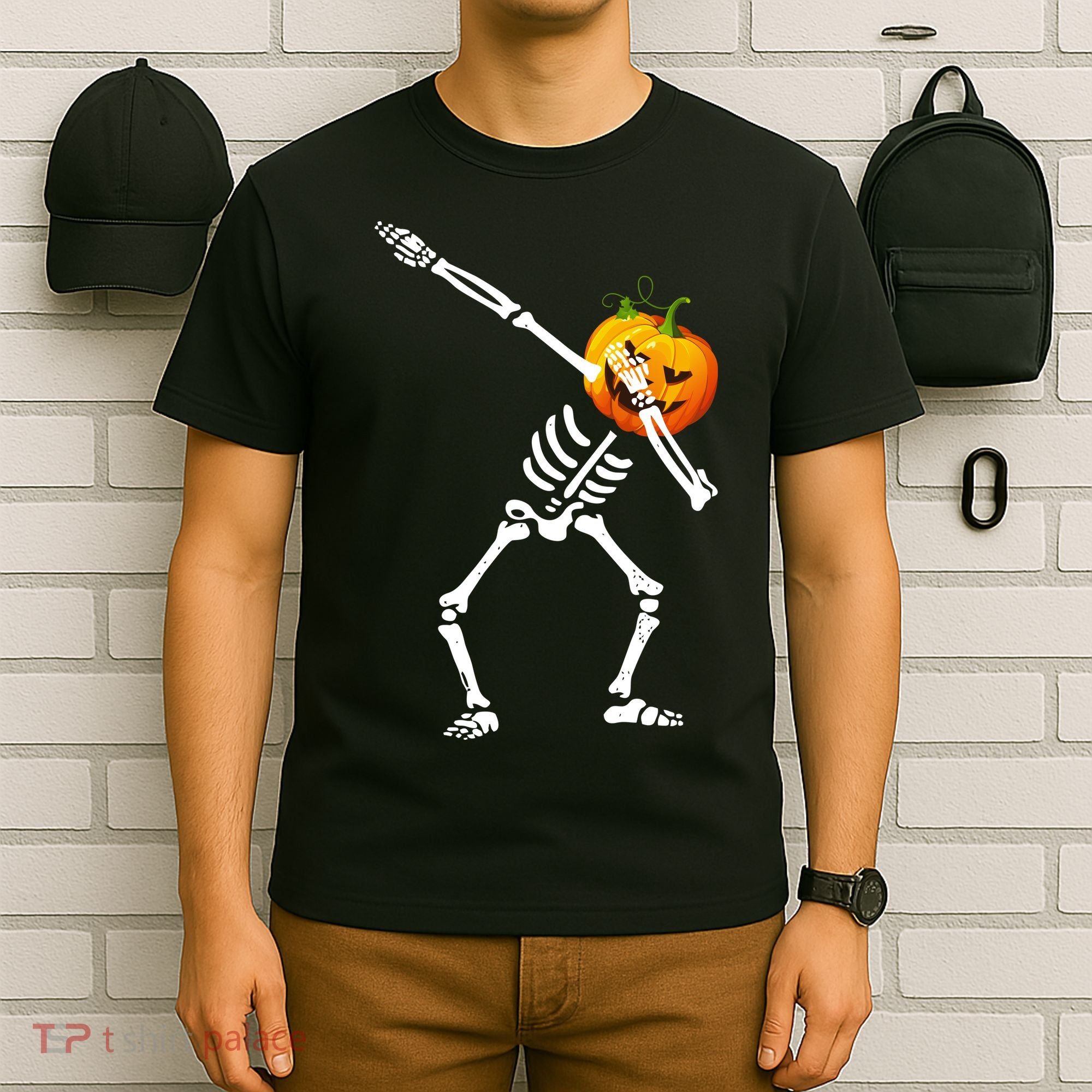 Dabbing Skeleton Pumpkin Face Halloween T-Shirt