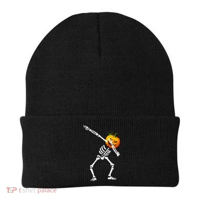 Dabbing Skeleton Pumpkin Face Halloween Beanie