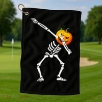 Dabbing Skeleton Pumpkin Face Halloween Golf Towel thumb 1