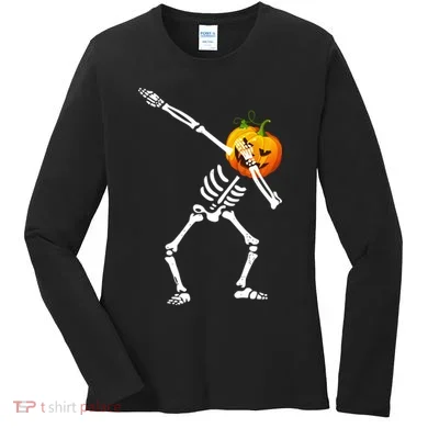 Dabbing Skeleton Pumpkin Face Halloween Women's Long Sleeve Shirt