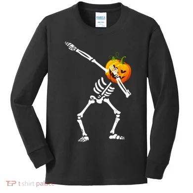 Dabbing Skeleton Pumpkin Face Halloween Kids Long Sleeve Shirt