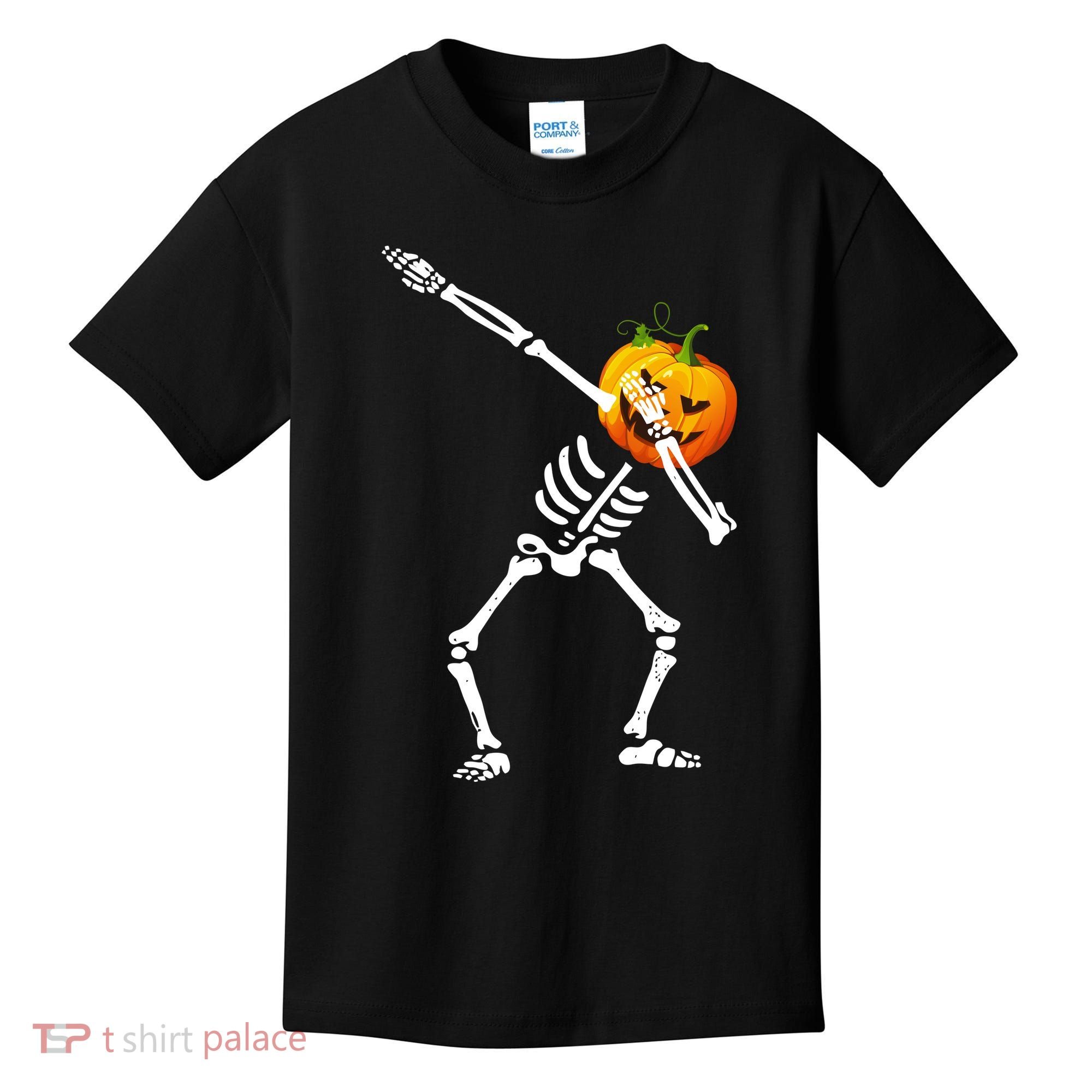 Dabbing Skeleton Pumpkin Face Halloween Kids T-Shirt