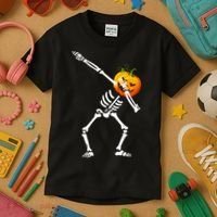 Dabbing Skeleton Pumpkin Face Halloween Kids T-Shirt thumb 3