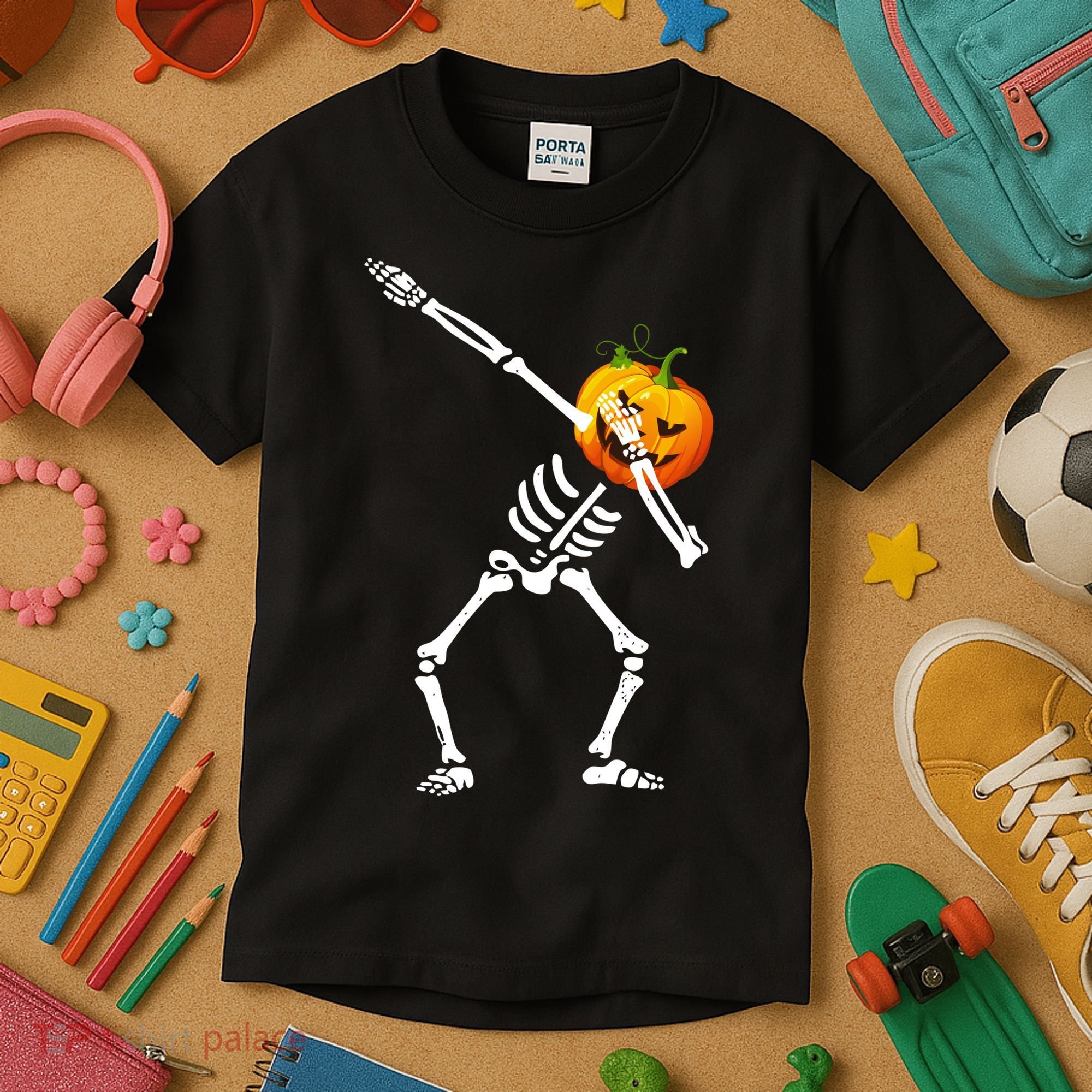 Dabbing Skeleton Pumpkin Face Halloween Kids T-Shirt