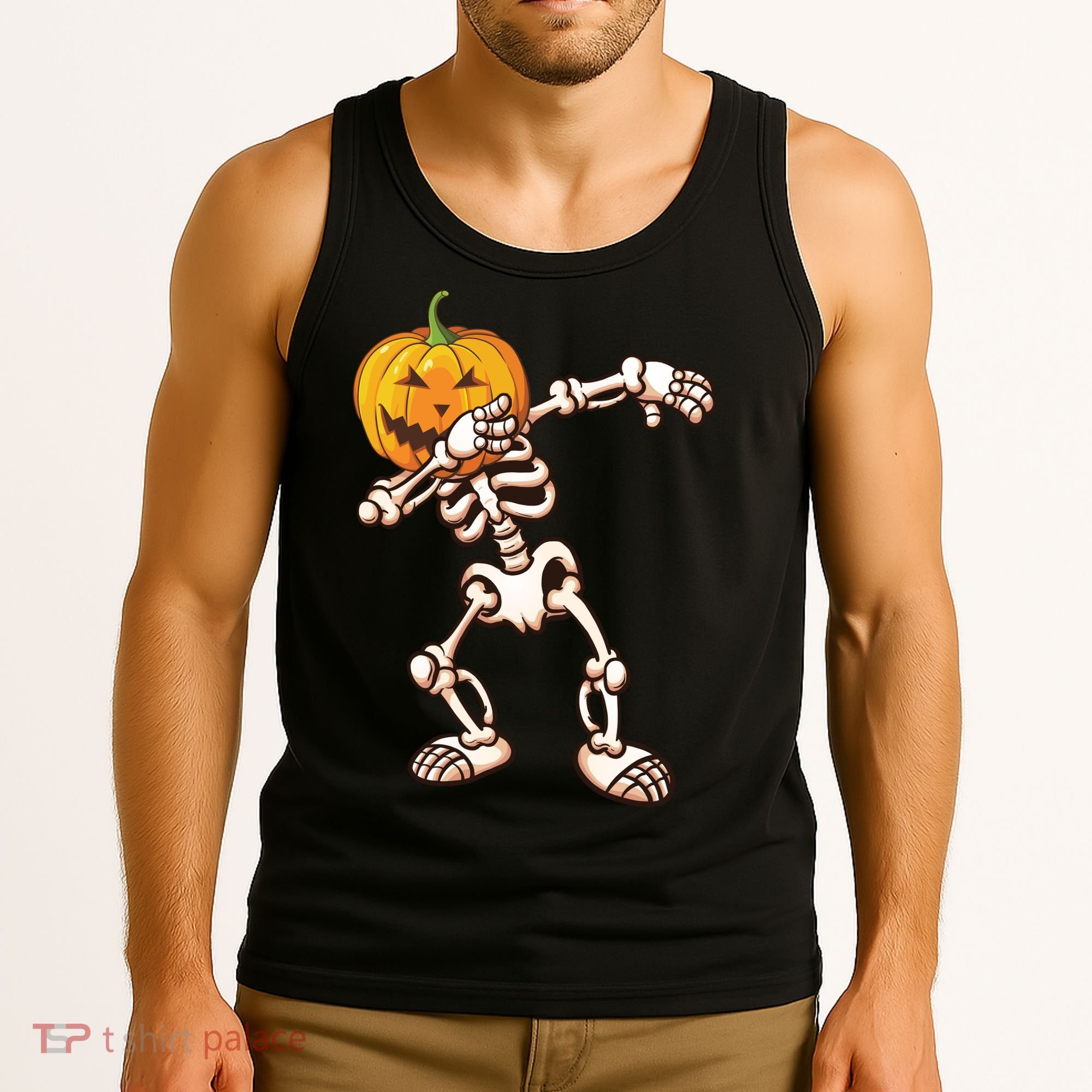 Dabbing Skeleton Pumpkin Head  Tank Top