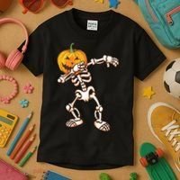 Dabbing Skeleton Pumpkin Head  Kids T-Shirt thumb 3