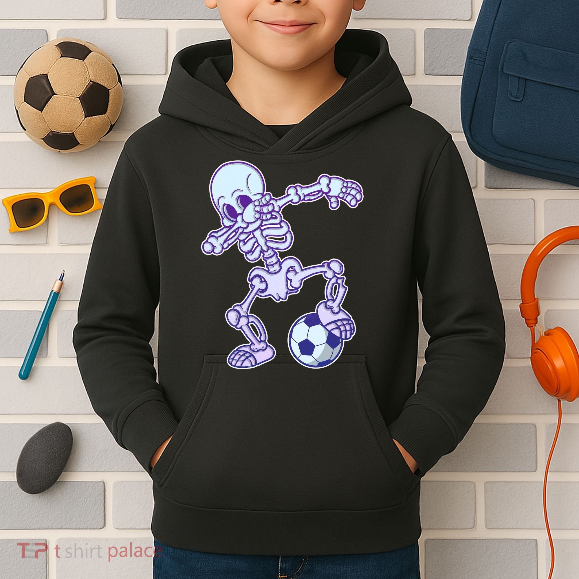 Dabbing Soccer Skeleton Kids Hoodie