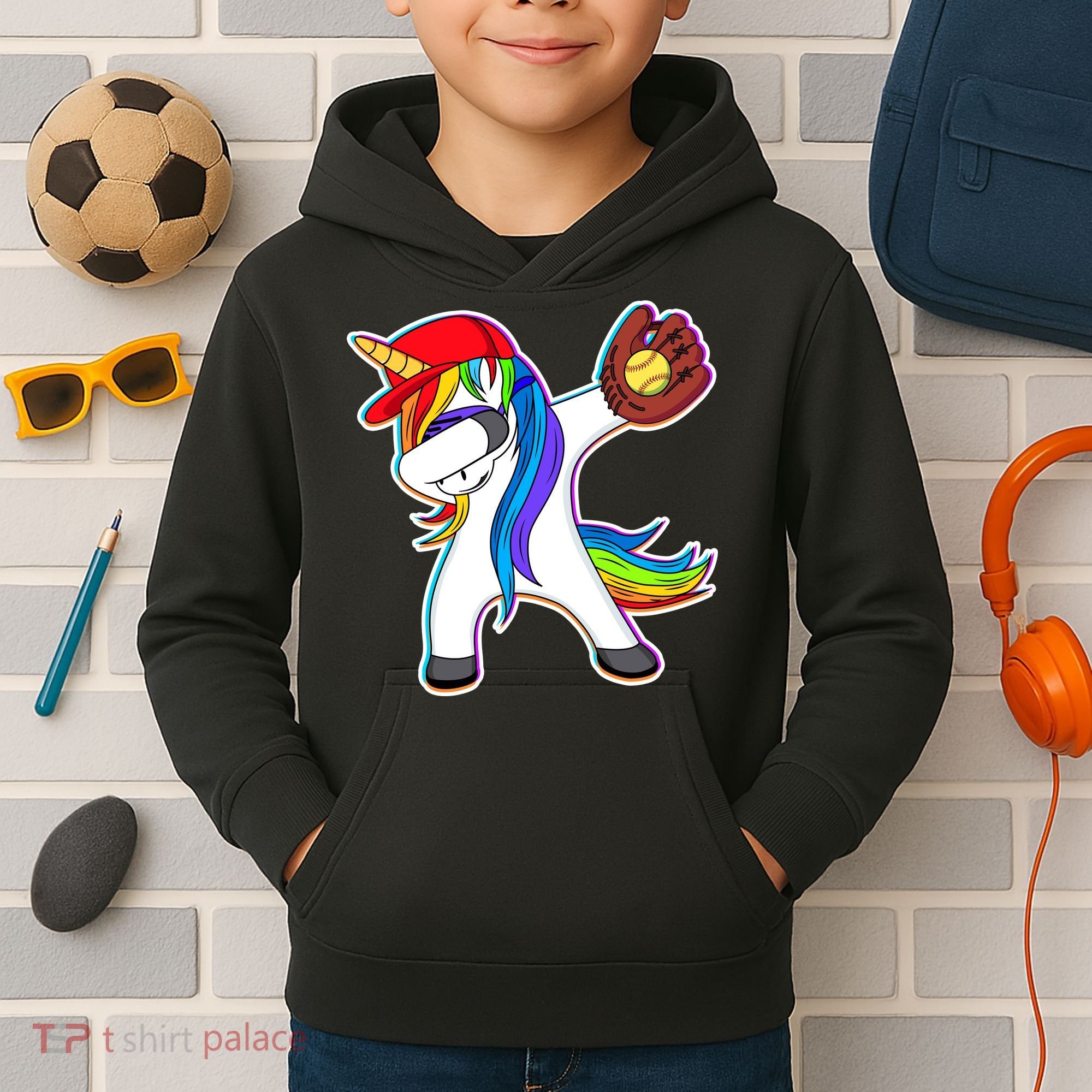 Dabbing Softball Unicorn Kids Hoodie