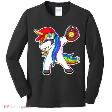 Dabbing Softball Unicorn Kids Long Sleeve Shirt