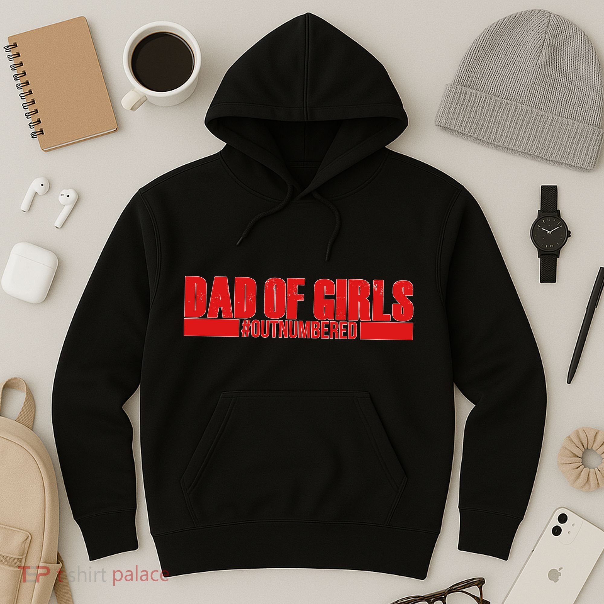 Dad of Girls Out Numbered Red Imprint Hoodie