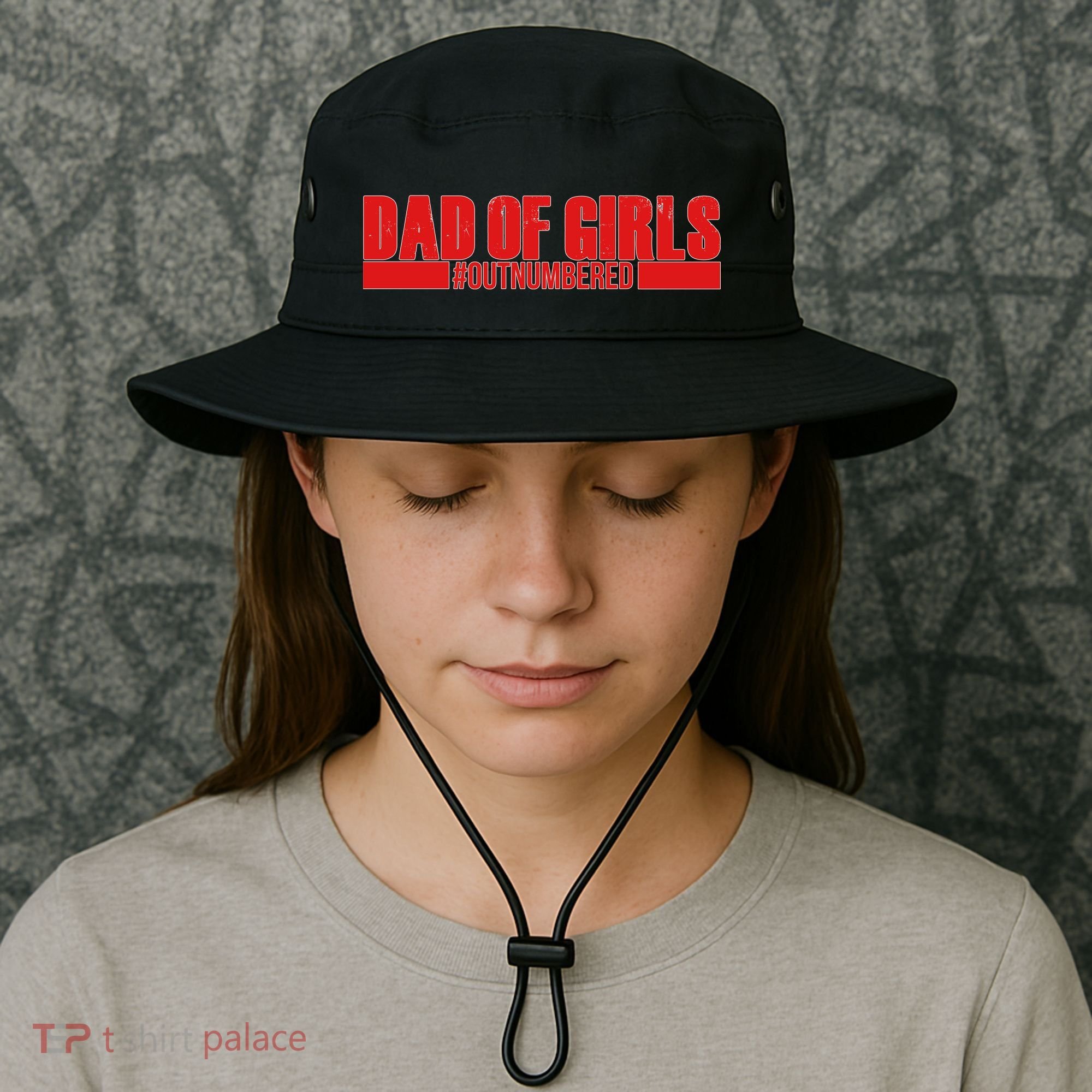 Dad of Girls Out Numbered Red Imprint Bucket Hat