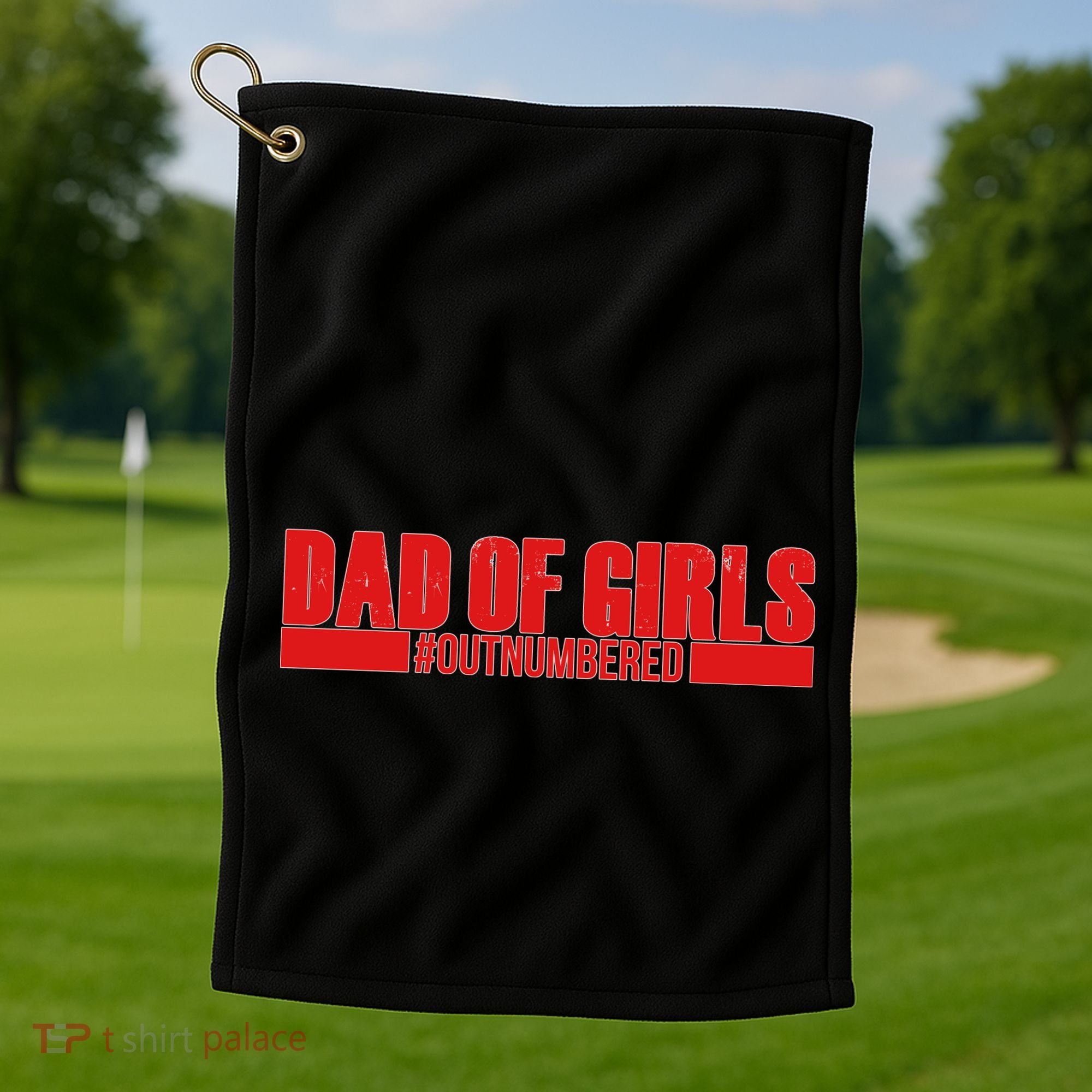 Dad of Girls Out Numbered Red Imprint Golf Towel