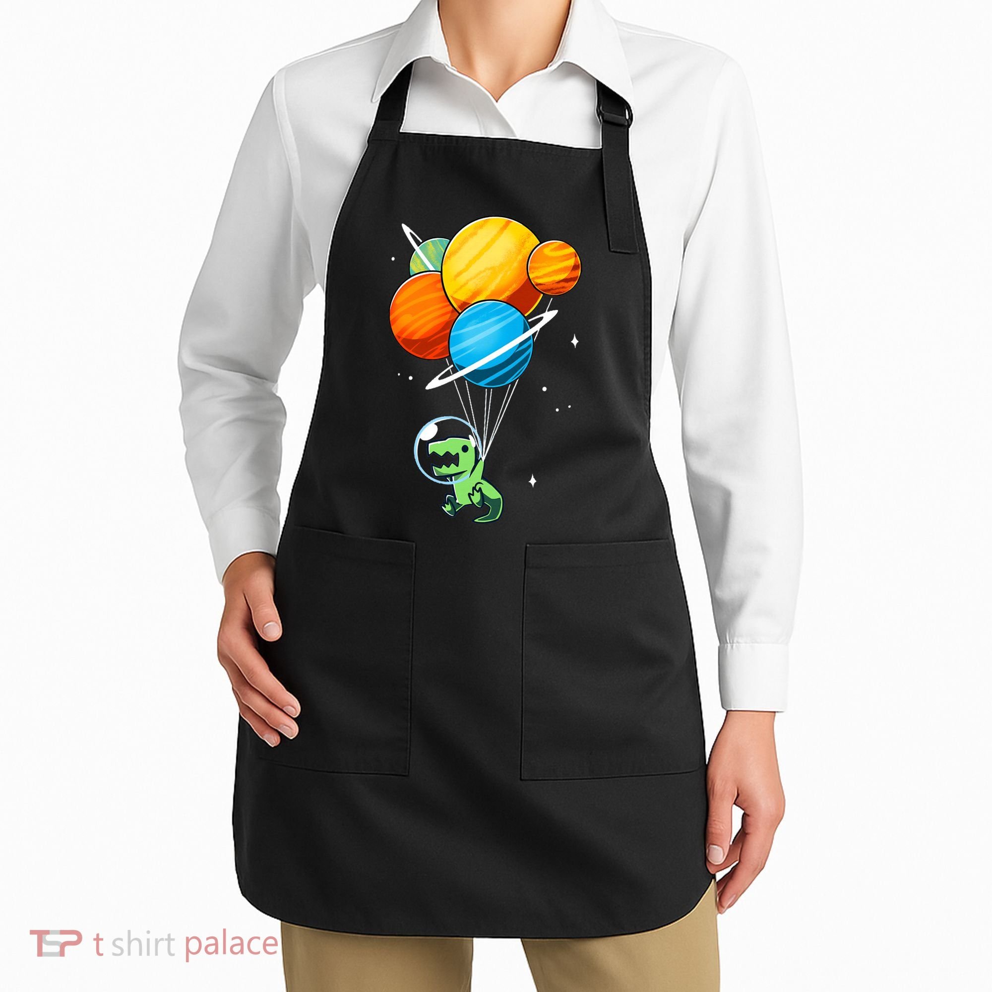 Dino Astronaut Dinosaur in Space Holding Planet Balloons Apron