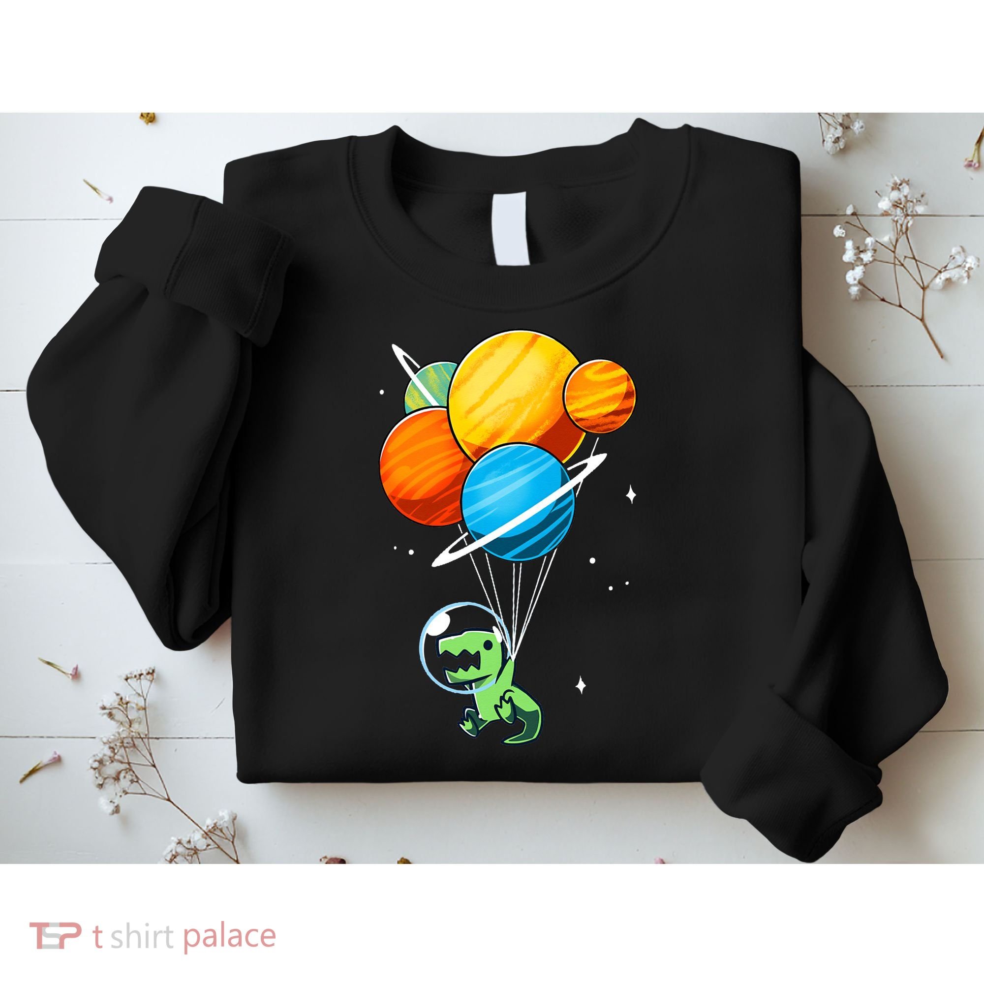 Dino Astronaut Dinosaur in Space Holding Planet Balloons Sweatshirt