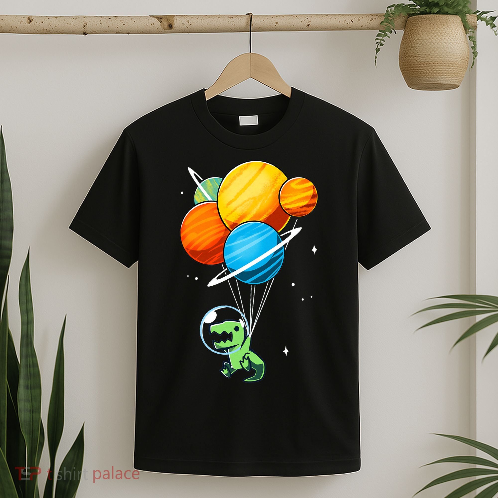 Dino Astronaut Dinosaur in Space Holding Planet Balloons T-Shirt