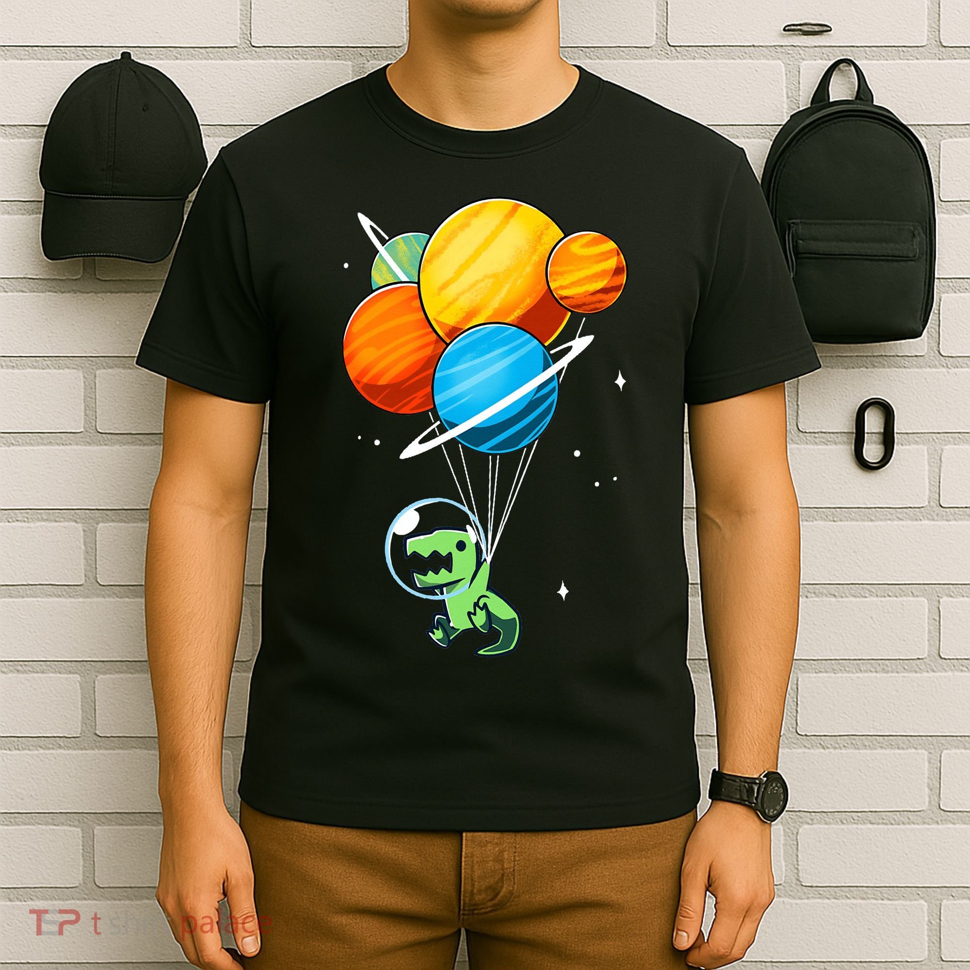 Dino Astronaut Dinosaur in Space Holding Planet Balloons T-Shirt