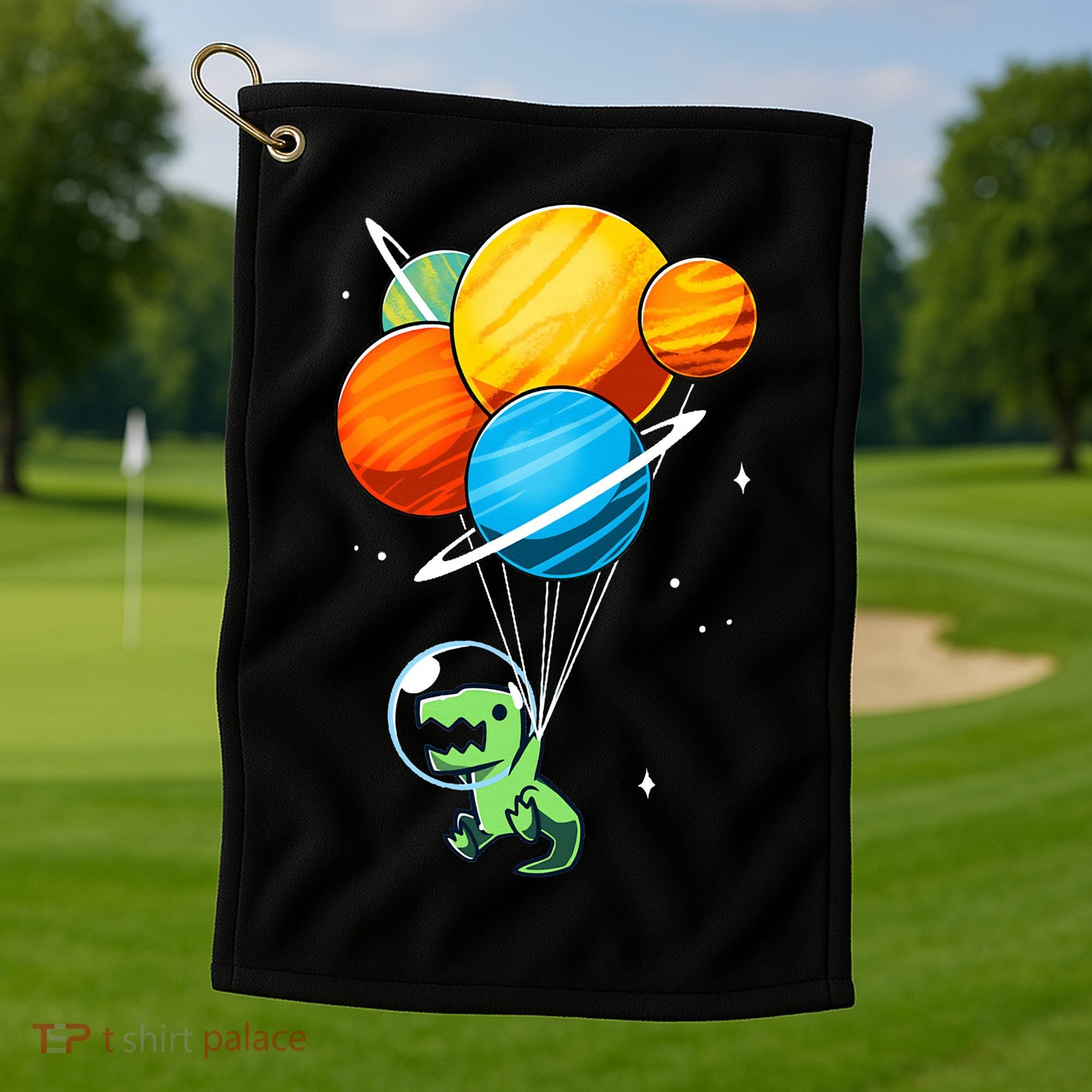 Dino Astronaut Dinosaur in Space Holding Planet Balloons Golf Towel