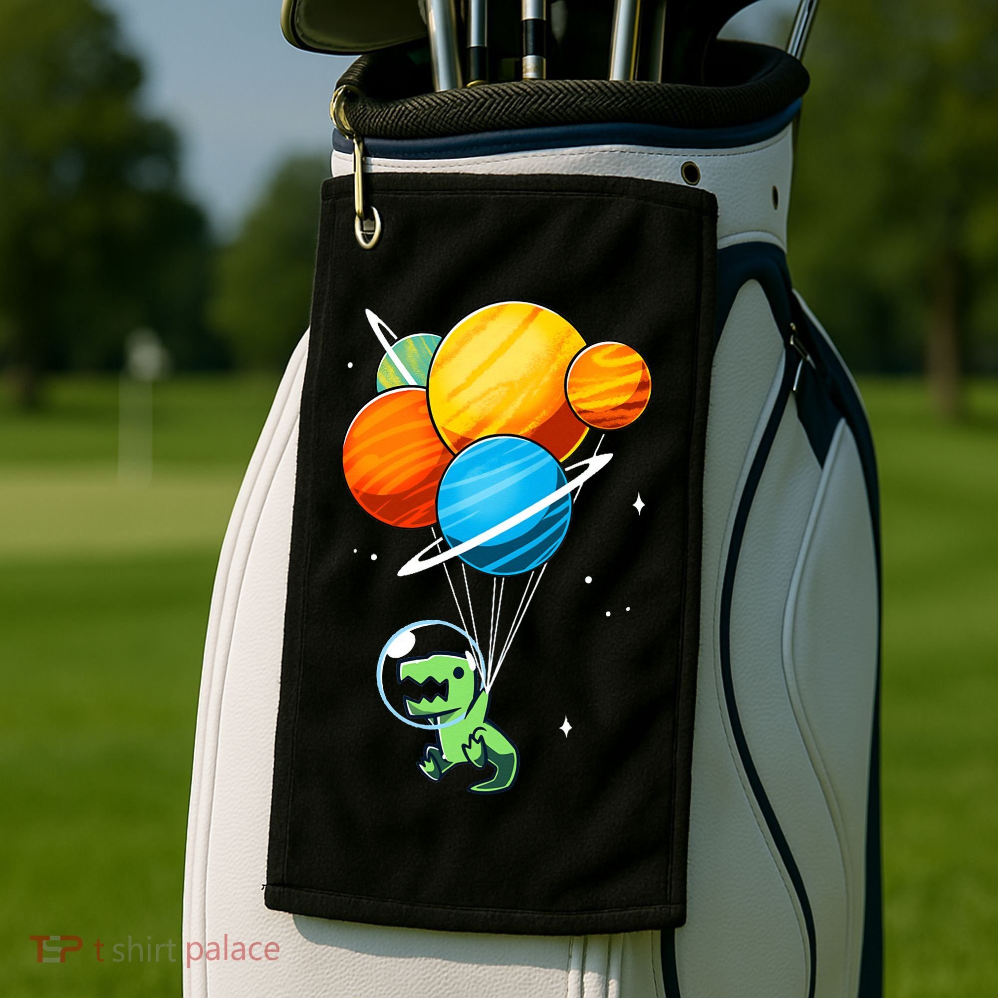 Dino Astronaut Dinosaur in Space Holding Planet Balloons Golf Towel