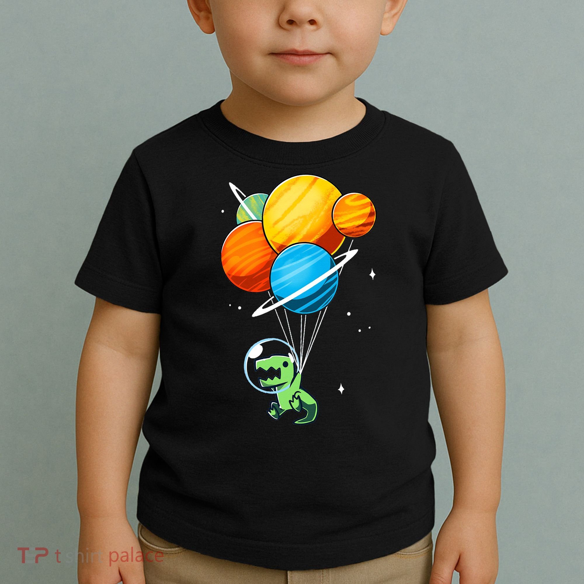Dino Astronaut Dinosaur in Space Holding Planet Balloons Toddler T-Shirt