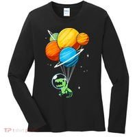 Dino Astronaut Dinosaur in Space Holding Planet Balloons Women's Long Sleeve Shirt thumb 0