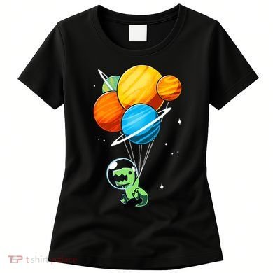 Dino Astronaut Dinosaur in Space Holding Planet Balloons Women's T-Shirt