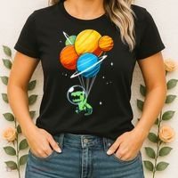 Dino Astronaut Dinosaur in Space Holding Planet Balloons Women's T-Shirt thumb 2