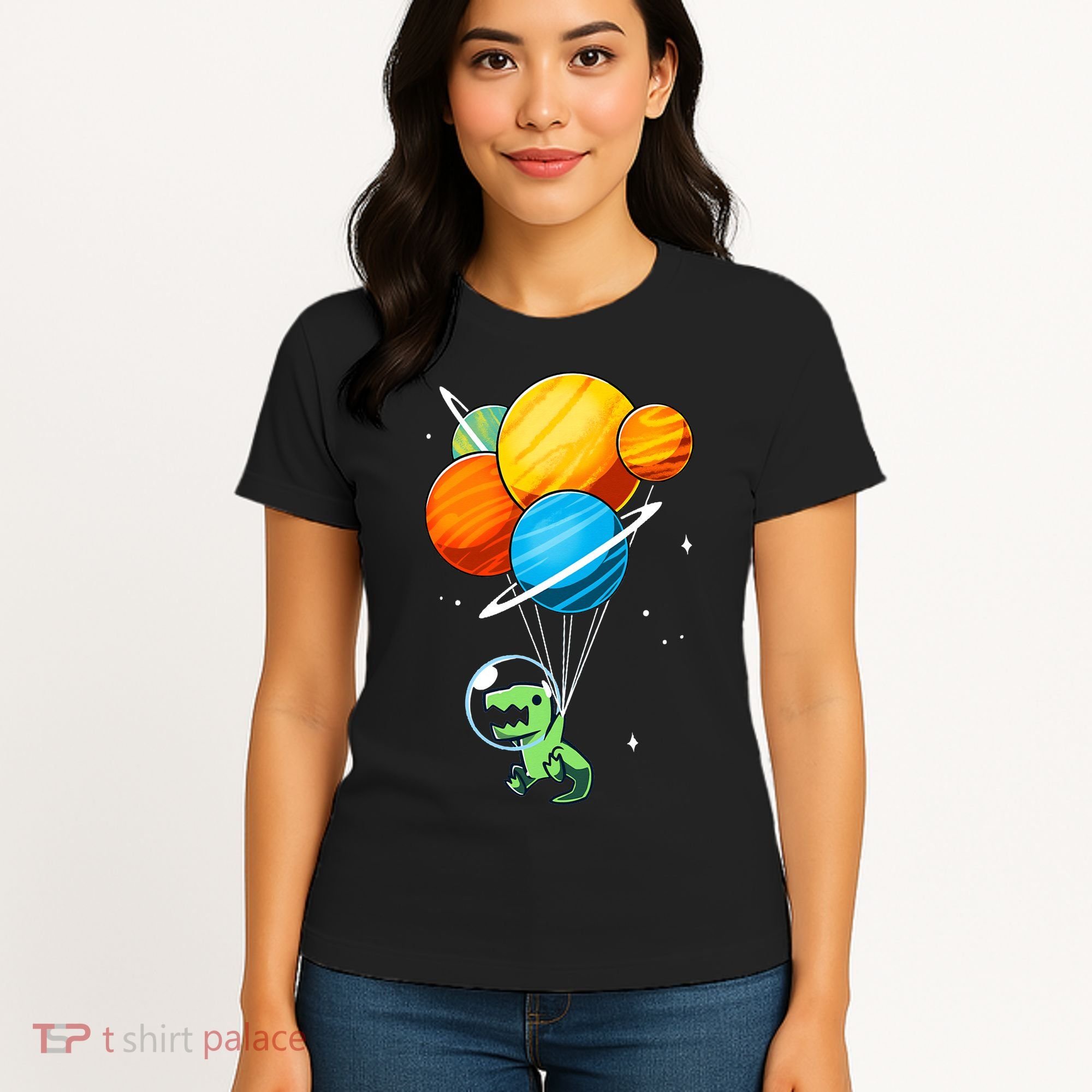 Dino Astronaut Dinosaur in Space Holding Planet Balloons Women's T-Shirt