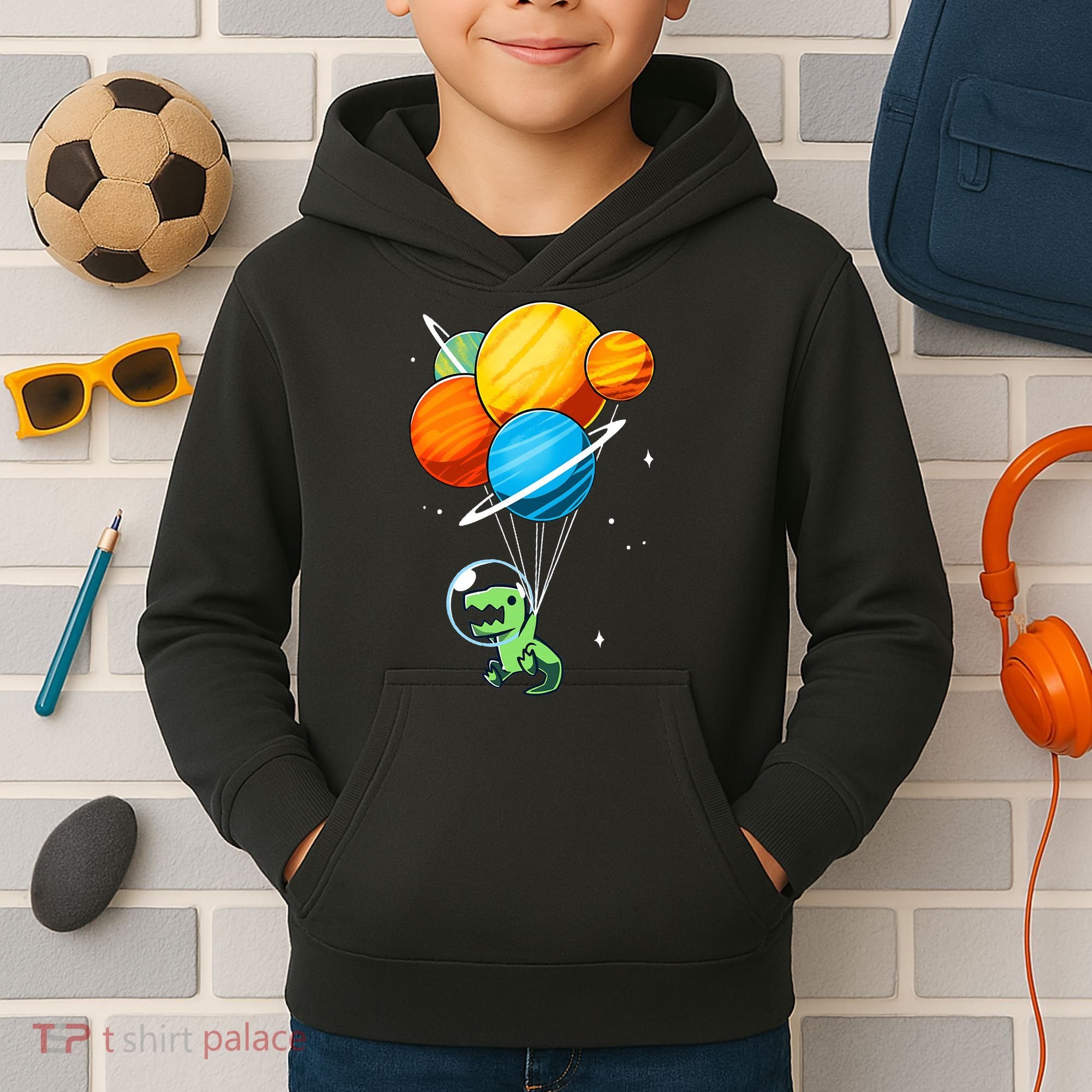 Dino Astronaut Dinosaur in Space Holding Planet Balloons Kids Hoodie