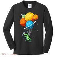 Dino Astronaut Dinosaur in Space Holding Planet Balloons Kids Long Sleeve Shirt thumb 0
