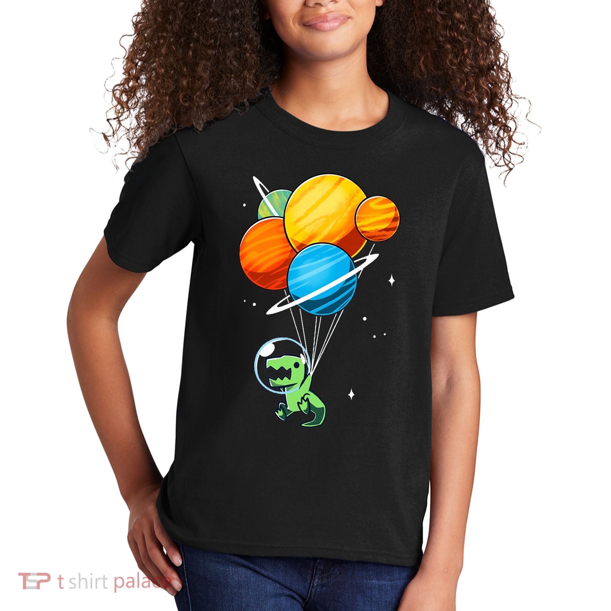 Dino Astronaut Dinosaur in Space Holding Planet Balloons Kids T-Shirt