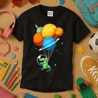 Dino Astronaut Dinosaur in Space Holding Planet Balloons Kids T-Shirt thumb 3