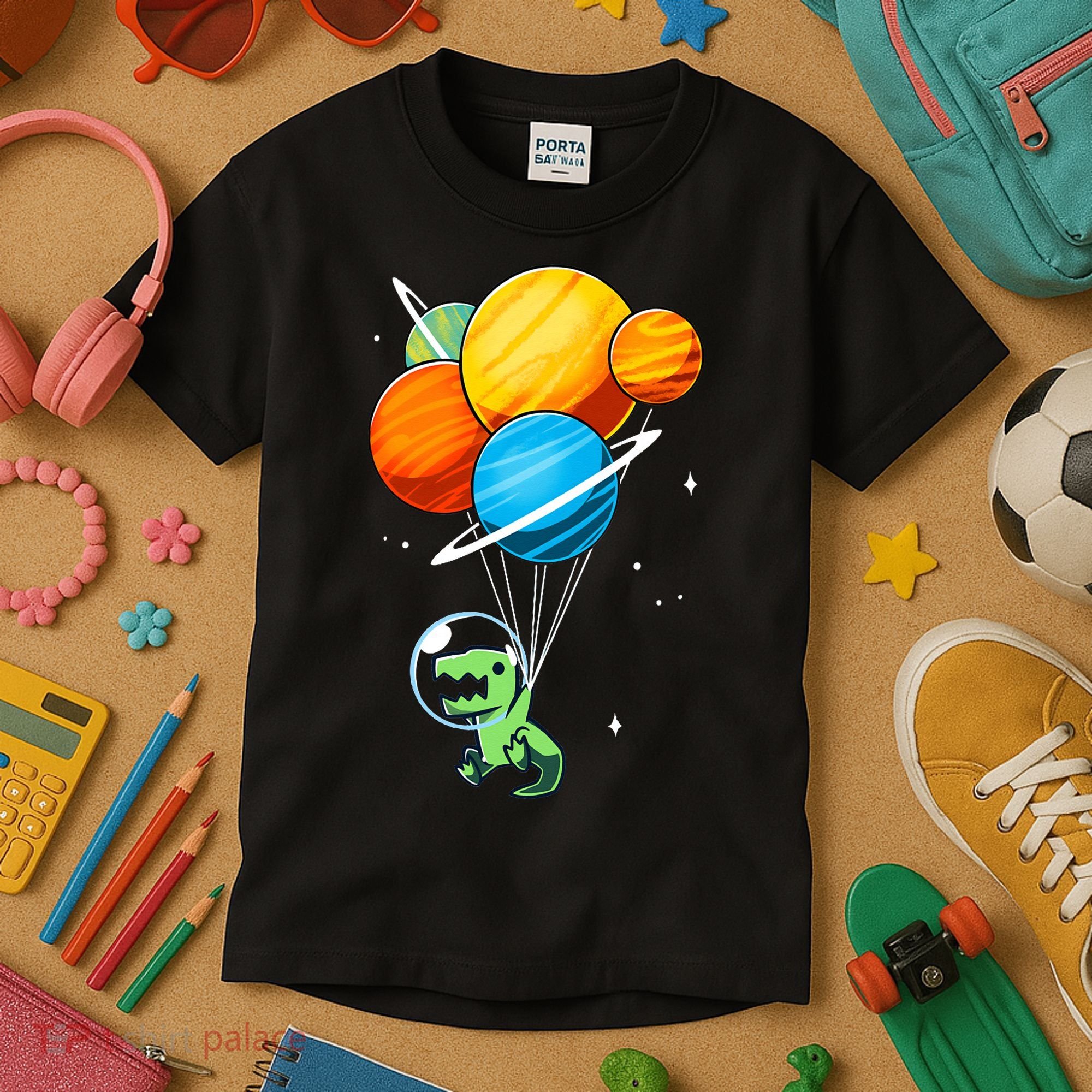 Dino Astronaut Dinosaur in Space Holding Planet Balloons Kids T-Shirt