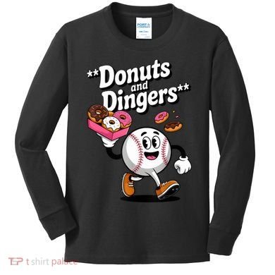 Donuts And Dingers Baseball Fan Humor Donut  Kids Long Sleeve Shirt